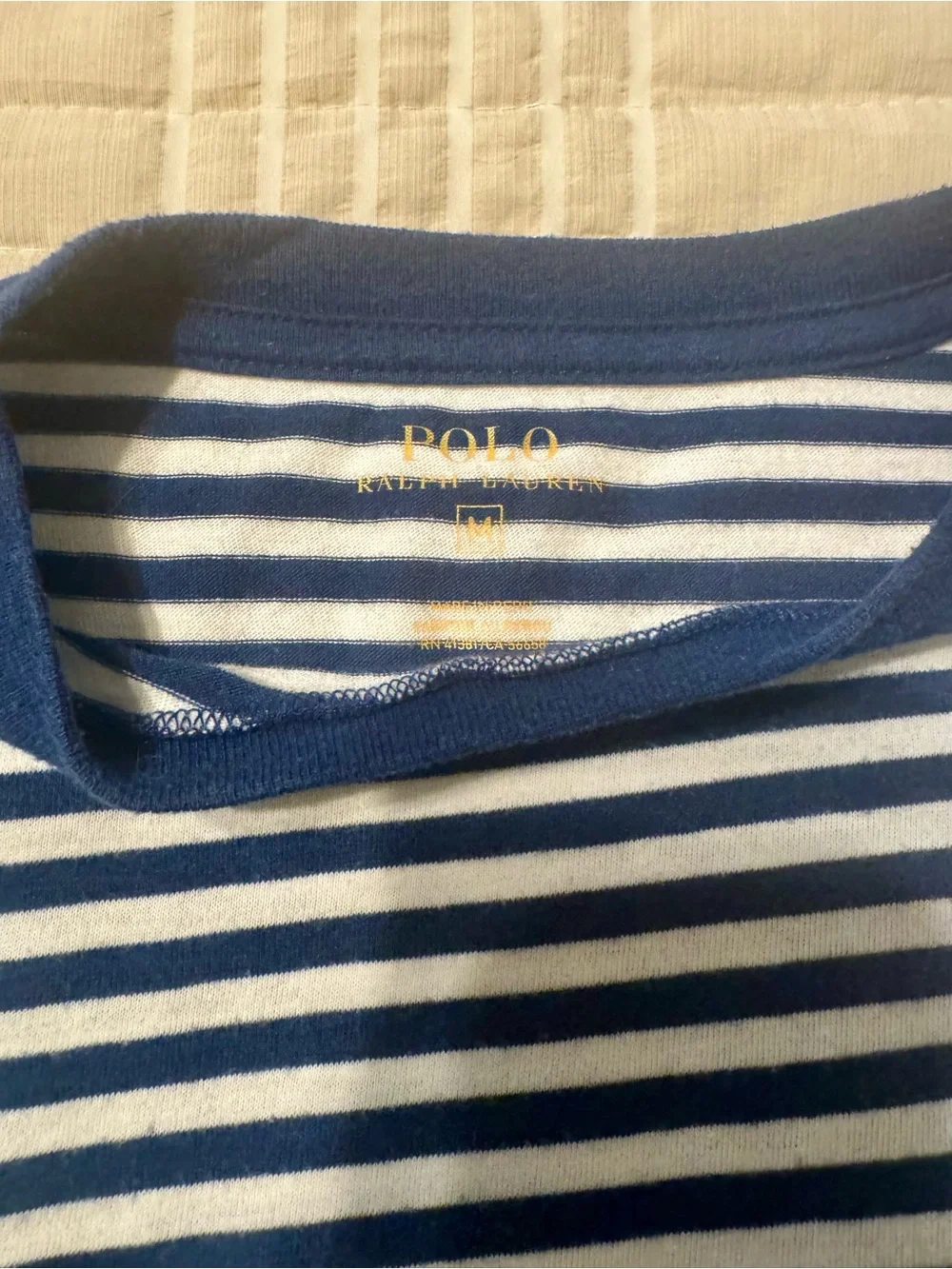 Ralph Lauren Navy & White Striped Cotton Tee with Green Pony